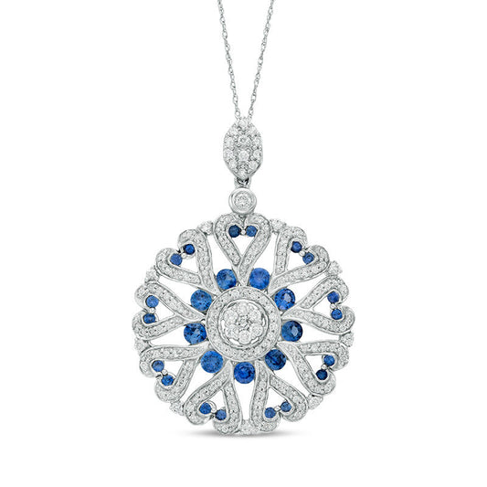 Blue Sapphire and 1 CT. T.W. Natural Diamond Heart Medallion Pendant in 14K White Gold