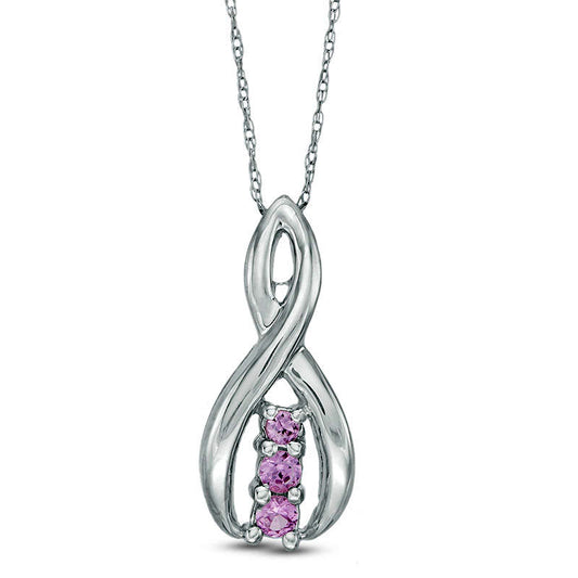 Lab-Created Pink Sapphire Three Stone Infinity Ribbon Pendant in 10K White Gold
