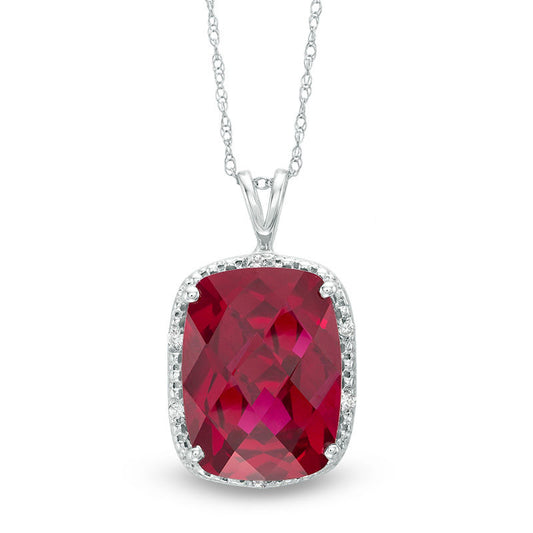 Cushion-Cut Faceted Lab-Created Ruby and 0.05 CT. T.W. Diamond Bead Frame Pendant in 10K White Gold