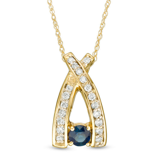 4.0mm Blue Sapphire and 0.2 CT. T.W. Natural Diamond Wishbone Pendant in 10K Yellow Gold