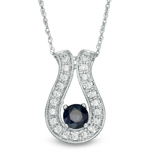 5.0mm Blue Sapphire and 0.25 CT. T.W. Natural Diamond Antique Vintage-Style Horseshoe Pendant in 10K White Gold