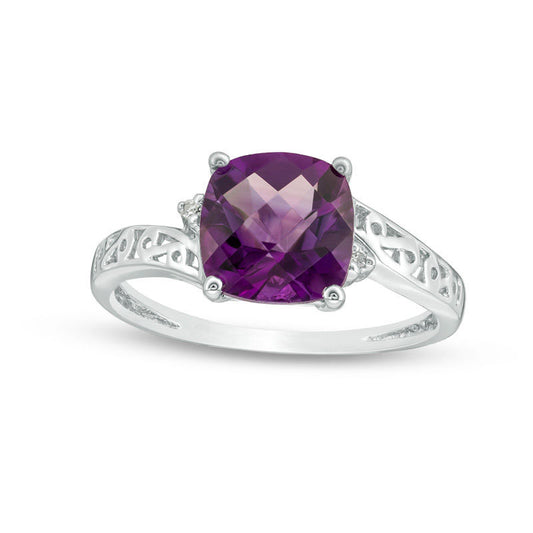 8.0mm Cushion-Cut Amethyst and Natural Diamond Accent Bypass Scroll Shank Ring in Solid 10K White Gold