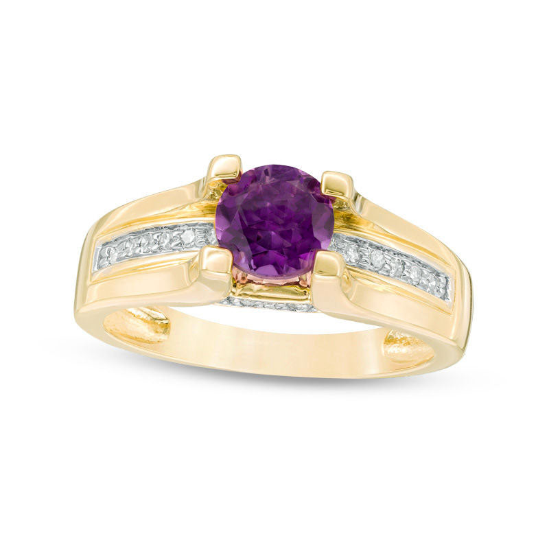 6.0mm Amethyst and 0.10 CT. T.W. Natural Diamond Cathedral Shank Ring in Solid 10K Yellow Gold