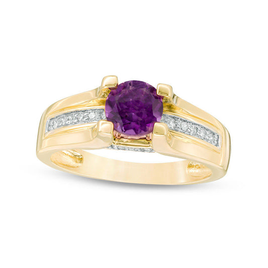 6.0mm Amethyst and 0.10 CT. T.W. Natural Diamond Cathedral Shank Ring in Solid 10K Yellow Gold