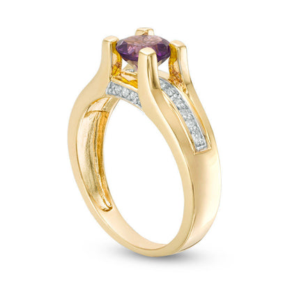 6.0mm Amethyst and 0.10 CT. T.W. Natural Diamond Cathedral Shank Ring in Solid 10K Yellow Gold