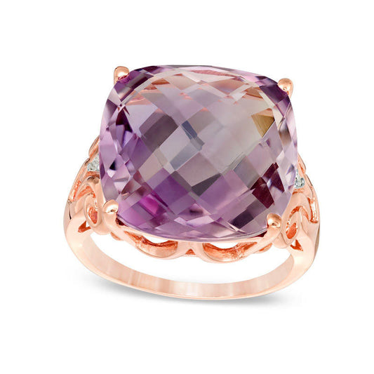 15.0mm Cushion-Cut Rose de France Amethyst and Natural Diamond Accent Filigree Ring in Solid 10K Rose Gold