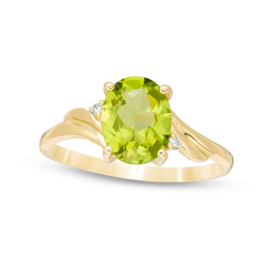 Oval Peridot and Natural Diamond Accent Bypass Swirl Shank Ring in Solid 10K Yellow Gold