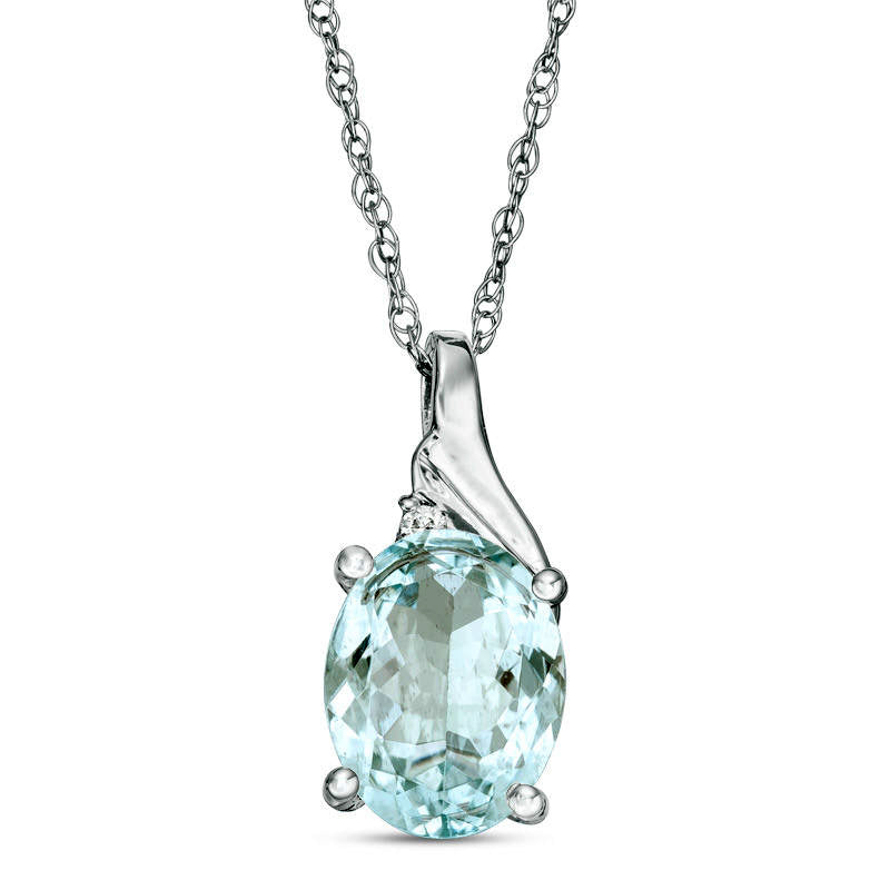 Oval Aquamarine and Natural Diamond Accent Swirl Top Pendant in 10K White Gold