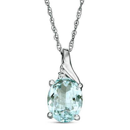 Oval Aquamarine and Natural Diamond Accent Swirl Top Pendant in 10K White Gold