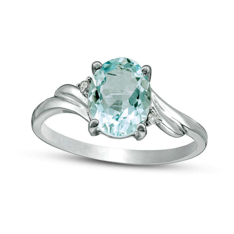 Oval Aquamarine and Natural Diamond Accent Bypass Swirl Shank Ring in Solid 10K White Gold