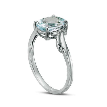 Oval Aquamarine and Natural Diamond Accent Bypass Swirl Shank Ring in Solid 10K White Gold