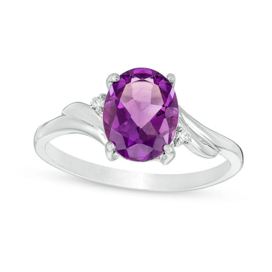 Oval Amethyst and Natural Diamond Accent Bypass Swirl Shank Ring in Solid 10K White Gold
