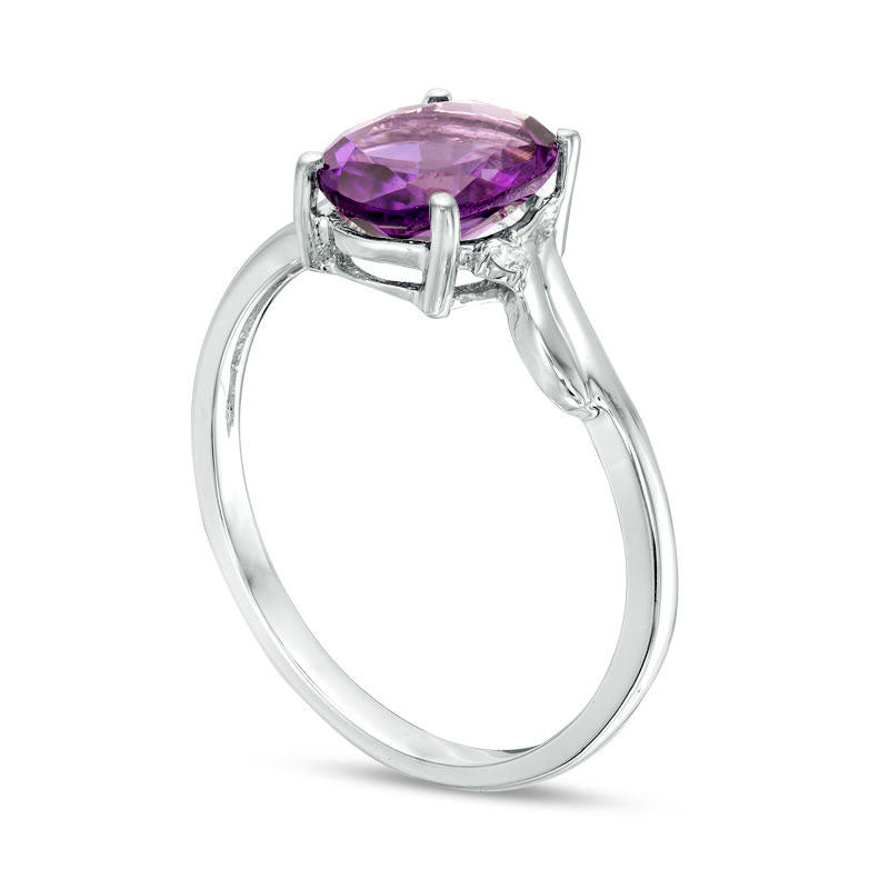 Oval Amethyst and Natural Diamond Accent Bypass Swirl Shank Ring in Solid 10K White Gold