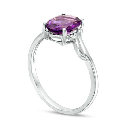 Oval Amethyst and Natural Diamond Accent Bypass Swirl Shank Ring in Solid 10K White Gold