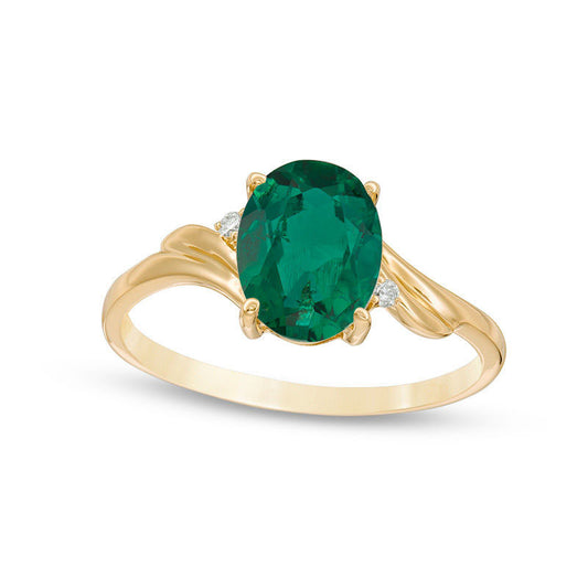 Oval Lab-Created Emerald and Diamond Accent Bypass Swirl Shank Ring in Solid 10K Yellow Gold