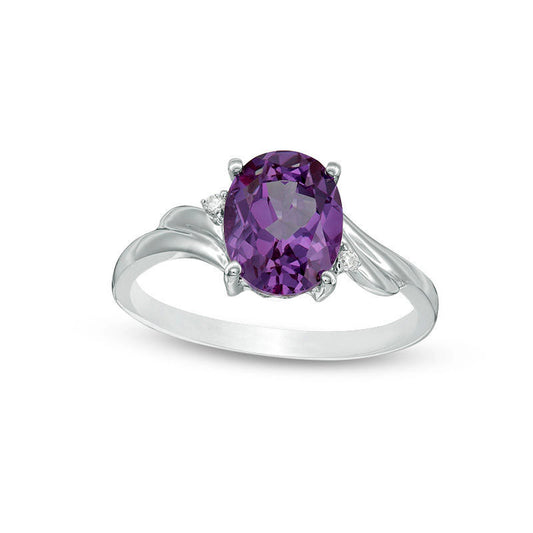 Oval Lab-Created Alexandrite and Diamond Accent Bypass Swirl Shank Ring in Solid 10K White Gold
