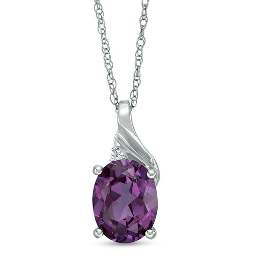 Oval Lab-Created Alexandrite and Diamond Accent Swirl Top Pendant in 10K White Gold