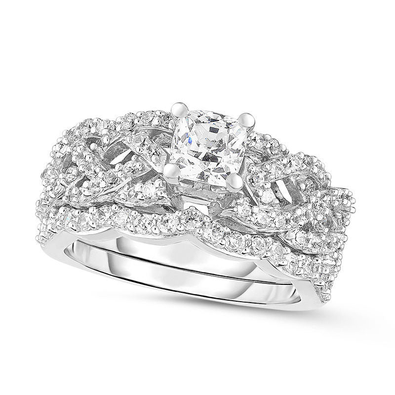 1.33 CT. T.W. Princess-Cut Natural Diamond Braid Shank Bridal Engagement Ring Set in Solid 14K White Gold