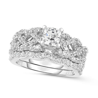 1.33 CT. T.W. Princess-Cut Natural Diamond Braid Shank Bridal Engagement Ring Set in Solid 14K White Gold