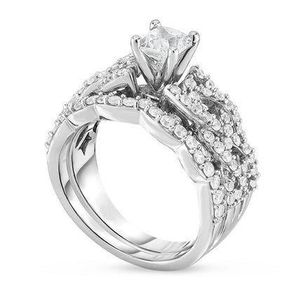 1.33 CT. T.W. Princess-Cut Natural Diamond Braid Shank Bridal Engagement Ring Set in Solid 14K White Gold