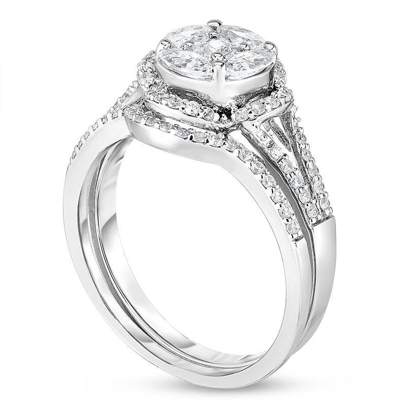 1.25 CT. T.W. Marquise and Princess-Cut Composite Natural Diamond Clover Frame Bridal Engagement Ring Set in Solid 14K White Gold