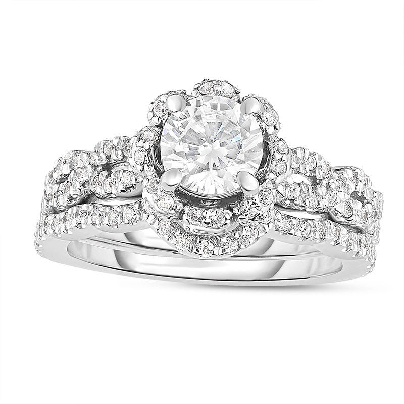 1.75 CT. T.W. Natural Diamond Flower Frame Twist Bridal Engagement Ring Set in Solid 14K White Gold