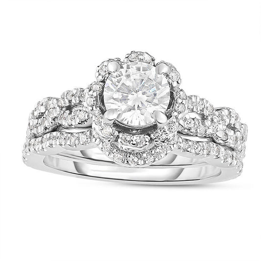1.75 CT. T.W. Natural Diamond Flower Frame Twist Bridal Engagement Ring Set in Solid 14K White Gold