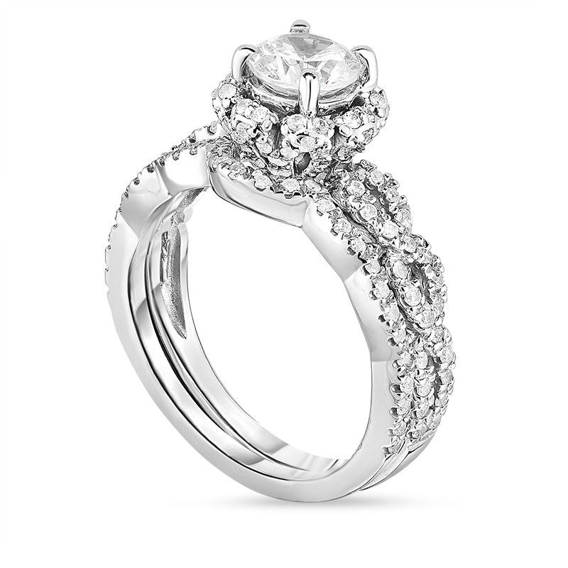 1.75 CT. T.W. Natural Diamond Flower Frame Twist Bridal Engagement Ring Set in Solid 14K White Gold
