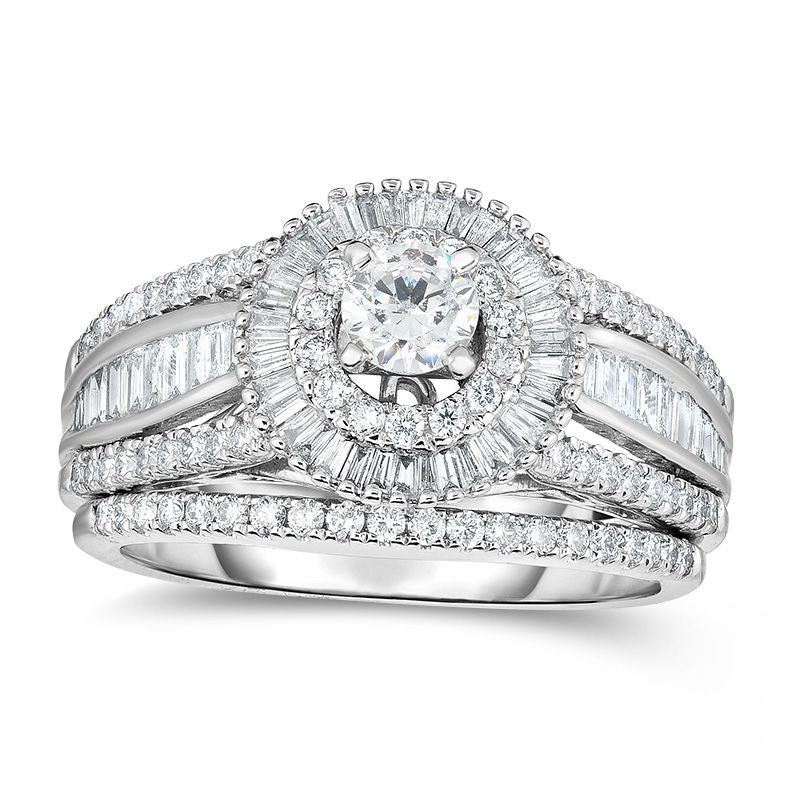 1.25 CT. T.W. Natural Diamond Starburst Frame Multi-Row Bridal Engagement Ring Set in Solid 14K White Gold
