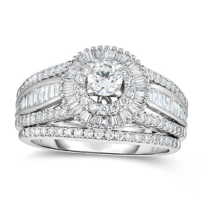 1.25 CT. T.W. Natural Diamond Starburst Frame Multi-Row Bridal Engagement Ring Set in Solid 14K White Gold