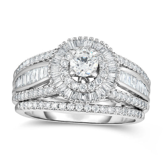 1.25 CT. T.W. Natural Diamond Starburst Frame Multi-Row Bridal Engagement Ring Set in Solid 14K White Gold