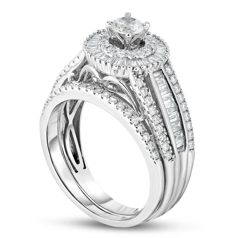 1.25 CT. T.W. Natural Diamond Starburst Frame Multi-Row Bridal Engagement Ring Set in Solid 14K White Gold