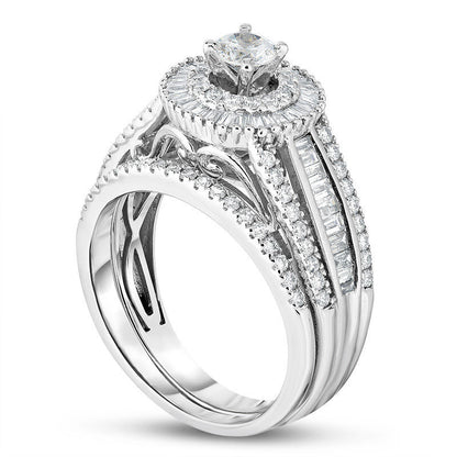 1.25 CT. T.W. Natural Diamond Starburst Frame Multi-Row Bridal Engagement Ring Set in Solid 14K White Gold
