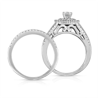 1.25 CT. T.W. Natural Diamond Starburst Frame Multi-Row Bridal Engagement Ring Set in Solid 14K White Gold