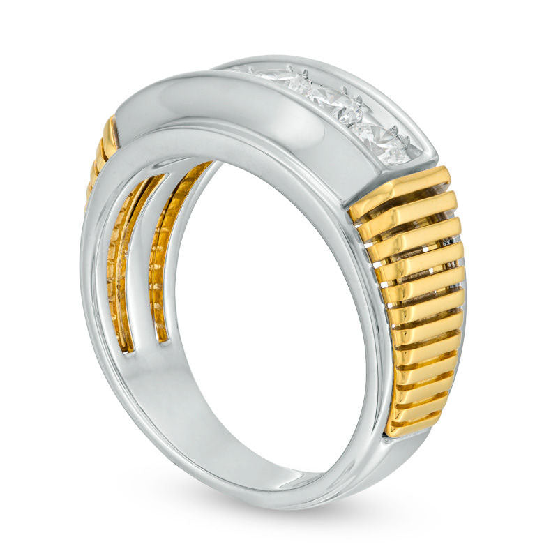Men's 1.0 CT. T.W. Natural Diamond Five Stone Yellow Ribbed Wedding Band in Solid 14K Two-Tone Gold