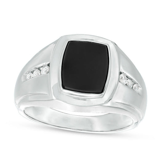 Men's Barrel-Shaped Onyx and 0.13 CT. T.W. Natural Diamond Signet Ring in Sterling Silver