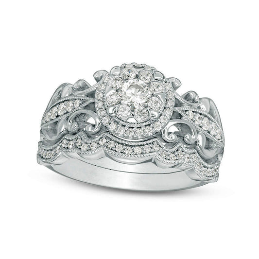 0.63 CT. T.W. Natural Diamond Frame Filigree Antique Vintage-Style Bridal Engagement Ring Set in Solid 10K White Gold
