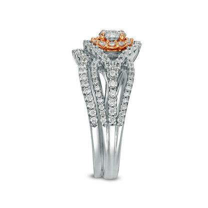 1.17 CT. T.W. Natural Diamond Frame Bypass Bridal Engagement Ring Set in Solid 10K Two-Tone Gold