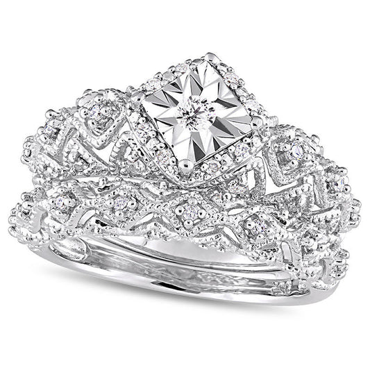 0.20 CT. T.W. Natural Diamond Tilted Square Frame Antique Vintage-Style Bridal Engagement Ring Set in Sterling Silver