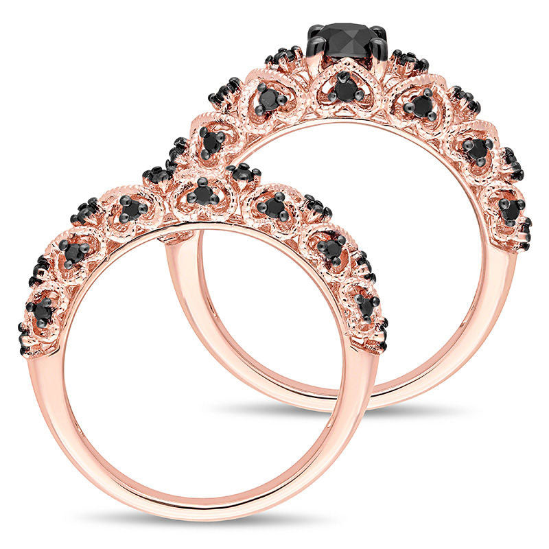 1.0 CT. T.W. Enhanced Black Natural Diamond Zig-Zag Antique Vintage-Style Bridal Engagement Ring Set in Sterling Silver with Rose Rhodium