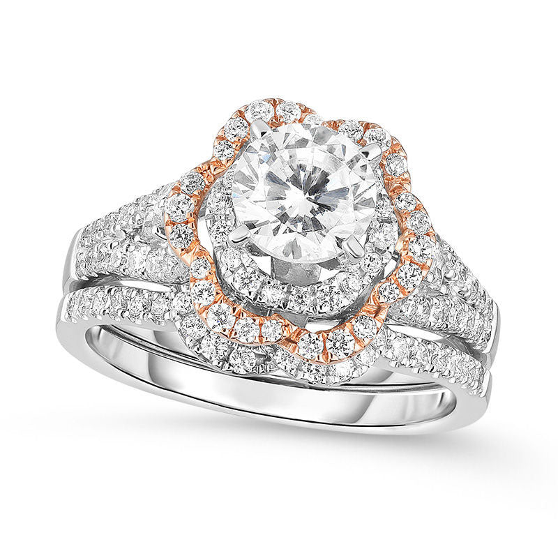 1.0 CT. T.W. Natural Diamond Double Flower Frame Bridal Engagement Ring Set in Solid 14K Two-Tone Gold