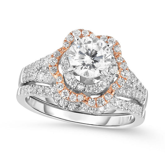 1.0 CT. T.W. Natural Diamond Double Flower Frame Bridal Engagement Ring Set in Solid 14K Two-Tone Gold