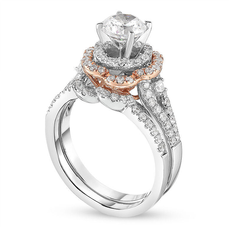 1.0 CT. T.W. Natural Diamond Double Flower Frame Bridal Engagement Ring Set in Solid 14K Two-Tone Gold