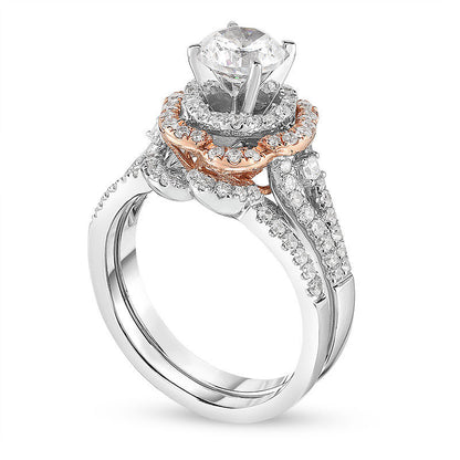 1.0 CT. T.W. Natural Diamond Double Flower Frame Bridal Engagement Ring Set in Solid 14K Two-Tone Gold