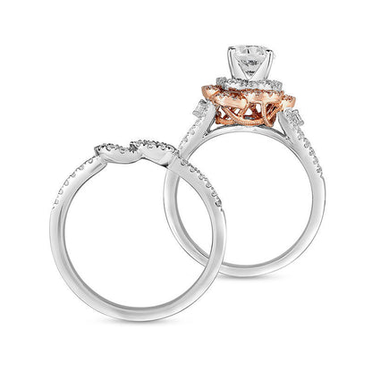 1.0 CT. T.W. Natural Diamond Double Flower Frame Bridal Engagement Ring Set in Solid 14K Two-Tone Gold