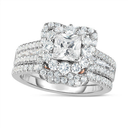 1.75 CT. T.W. Princess-Cut Natural Diamond Frame Multi-Row Bridal Engagement Ring Set in Solid 14K Two-Tone Gold