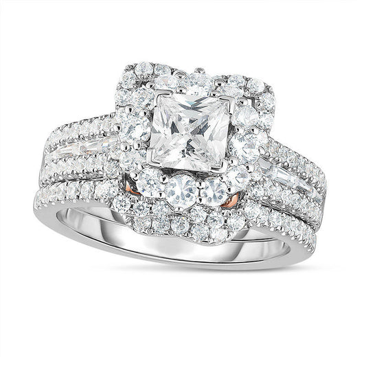 1.75 CT. T.W. Princess-Cut Natural Diamond Frame Multi-Row Bridal Engagement Ring Set in Solid 14K Two-Tone Gold