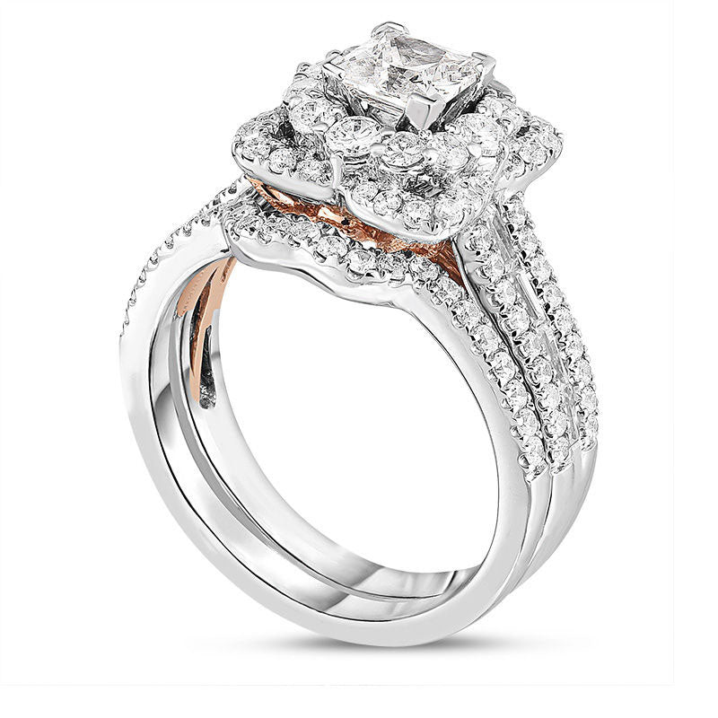 1.75 CT. T.W. Princess-Cut Natural Diamond Frame Multi-Row Bridal Engagement Ring Set in Solid 14K Two-Tone Gold