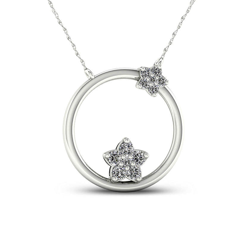 0.2 CT. T.W. Natural Diamond Double Star Circle Necklace in 10K White Gold