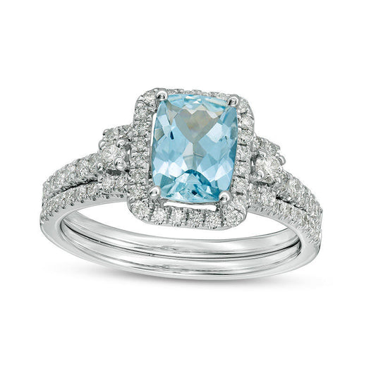 Cushion-Cut Aquamarine and 0.50 CT. T.W. Natural Diamond Frame Bridal Engagement Ring Set in Solid 14K White Gold